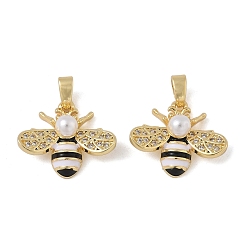 Белый Латунные микро проложить кубического циркония подвески, с эмалью и бусинами из искусственного жемчуга, прелести пчел, реальный 18 k позолоченный, белые, 15x18x7 мм, отверстие : 4x2.5 мм