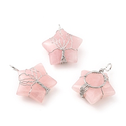 Rose Quartz Natural Rose Quartz Pendants, with Platinum Tone Copper Wire Wrapped, Cadmium Free & Lead Free, Star, 34~37.5x29~31x10~12mm, Hole: 5~6mm