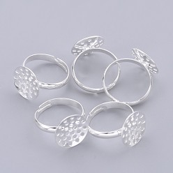 Silver Adjustable Brass Sieve Ring Bases, Lead Free and Cadmium Free, Adjustable, Silver Color Plated, Size: Ring: 17mm inner diameter, 3mm wide, Round Tray, 14mm in diameter