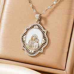Платина Винтажное ожерелье с кулоном в виде ромба из латуни с микропаве из прозрачных кубических цирконий и Девой Марией, белой эмалью, платина, 15.75 дюйм (40 см)