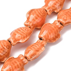 Chocolate Handmade Porcelain Beads Strands, Fish, Chocolate, 19~19.5x15x9mm, Hole: 1.6mm, about 20pcs/strand, 14.76''(37.5cm)