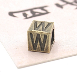 Letter W Европейские бусины из антикварного бронзового сплава, бусины с большим отверстием, куб с письмом, Буква W, 7x7x7 мм, отверстие : 5 мм