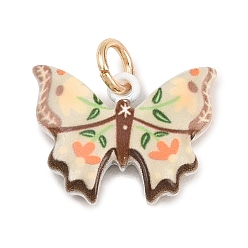 Bisque Painted Brass Pendants, Butterfly with Flower Charms, Golden, Bisque, 15x19.5x4mm, Hole: 4mm