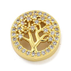 Настоящее золото 18K Стойки обшивки латунь микро проложить кубического циркония бусы, без кадмия и без свинца, долговечный, плоские круглые с дерева жизни картины, реальный 18 k позолоченный, 12.5x5 мм, отверстие : 2x2.5 мм