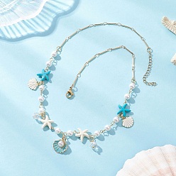 Золотой Ожерелья с подвеской в форме ракушки из сплава эмали для женщин, с ракушечным жемчугом и синтетической бирюзовой морской звездой, белый и темно-синий, золотые, 18.11 дюйм (46 см)