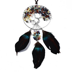 Смешанные камни Большие подвески из натурального смешанного драгоценного камня, проволочные подвесные подвески, с деревом из платиновой латуни и кожаным шнуром, тканая сеть / паутина с пером, 590~595 мм