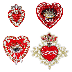 Red 4Pcs 4 Styles Heart Polyester Embroidered Cloth Patch, with Glass and Plastic Beads, Computerized Embroidery Cloth Iron on/Sew on Patches, Costume Accessories, Appliques, Red, 62~124x47~120x3~6mm, 1pc/style