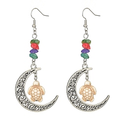 Beige Dyed Synthetic Turquoise Crescent Moon with Tortoise Dangle Earring, Antique Silver Alloy Long Drop Earrings, Beige, 84x35mm