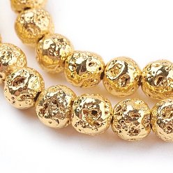 Golden Plated Electroplated Natural Lava Rock Beads Strands, Round, Bumpy, Golden Plated, 4mm, Hole: 1mm, about 90pcs/strand, 15.35 inch(39cm)