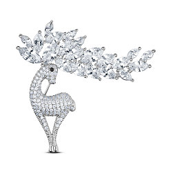 Платина Латуни брошь, с ааа класс фианитами, Рождество, рождественский олень / олень, платина, 52x50 мм