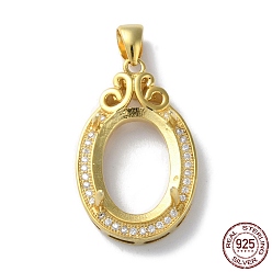 Real 18K Gold Plated Rack Plating 925 Sterling Silver Micro Pave Clear Cubic Zirconia Pendants Cabochon Settings, Oval, Real 18K Gold Plated, 33x18x4mm, Hole: 4x5mm, tray: 15x10mm.
