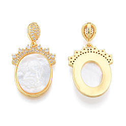 Creamy White Brass Micro Pave Clear Cubic Zirconia Pendants, with Shell, Nickel Free, Real 18K Gold Plated, Oval with Angel, Creamy White, 27x20x4mm, Hole: 2.5x6mm