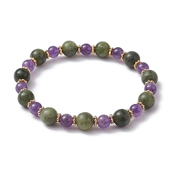 Jade Natural Amethyst & Chinese Jade Beaded Stretch Bracelet, Inner Diameter: 2-1/4 inch(5.6cm)