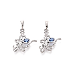 Platinum Brass Micro Pave Cubic Zirconia Pendants, Octopus Charms, Platinum, 20x18x2.5mm, Hole: 6x3mm