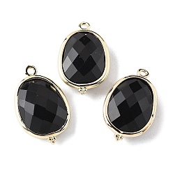 Обсидиан Натуральный обсидиан ограненные овальные подвески-коннекторы, с латунной фурнитурой , золотые, стойки покрытие, 22x13.5x6 мм, отверстие : 1.4 мм