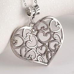 Античное Серебро Сердце тибетский стиль сплава европейские висячие подвески, Подвески с большими отверстиями, античное серебро, 30.5x36x4.5 мм, отверстие : 4.5 мм