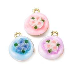 (52) Непрозрачная лаванда Подвески из эмалевого сплава легкого золота, плоские круглые подвески с цветочками из смолы, стойки покрытие, разноцветные, 24.5x19.5x8 мм, отверстие : 2.5 мм