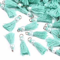 Аквамарин Кулон с кисточкой из поликоттона (полиэстер), мини-кисточка, с железной фурнитурой золотистого цвета и имитацией жемчуга из абс-пластика, аквамарин, 23 мм, Перейти кольцо: 5x0.8 мм, 3.4 мм внутренним диаметром