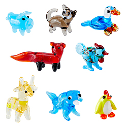 Color mezclado 8 piezas 8 estilos de decoración para el hogar con temática animal, hechos a mano decoraciones de visualización de cristal murano, formas mixtas, color mezclado, 14~35x9~20x13~29mmm 1pc/estilo