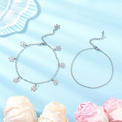 Клевер 2 шт. 2 стили 304 двухслойные браслеты на ногу из нержавеющей стали с цепочкой-скрепкой для женщин, цвет нержавеющей стали, не тускнеет, клевер, 9-1/4 дюйм (235~236 мм), удлинитель конца: 49 мм, 1 шт / стиль