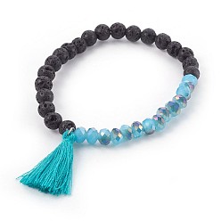 Dark Cyan Cotton Thread Tassels Charm Bracelets, with Electroplate Glass & Natural Lava Rock, Dark Cyan, 2 inch(5.1cm)