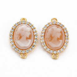 Темный Лосось Латунные прозрачные соединители с кубическим цирконием, cmолой, без никеля , овальные с женщиной, реальный 18 k позолоченный, темный лосось, 22x14x4 мм, отверстие : 1.5 мм