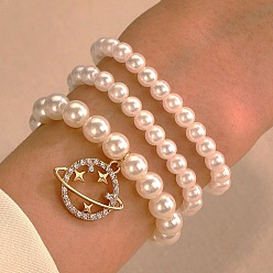 Planet 3шт 3 стиль абс пластиковый жемчуг эластичные браслеты набор, штабелируемые браслеты с подвесками из сплава, планета, внутренний диаметр: 2-3/8 дюйм (6 см), 1 шт / стиль