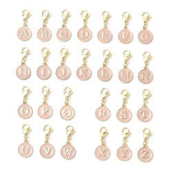 Pink 26шт. плоские круглые с буквой a~z сплав эмалированные подвесные украшения, 304 подвески-застежки-лобстеры из нержавеющей стали для украшений сумок, розовые, 28 мм