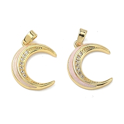 Pink Латунные микропаве прозрачные подвески с фианитом, с эмалью, Луна прелести, стойки покрытие, долговечный, реальный 18 k позолоченный, розовые, 18x16x3 мм, отверстие : 4.5x2.5 мм