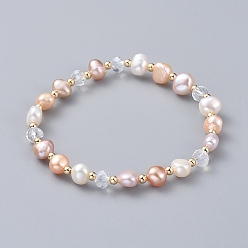 Морская Ракушка Стрейч браслеты, с натуральным культивированным пресноводным жемчугом, стеклянные бусы и латунные круглые распорки, Корейская кристалл упругой нити, цвет морской раковины, 2-1/8 дюйм (5.5 см)