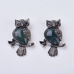 Мосс Агат Gemstone подвеска, со сплавочной фурнитурой, и горный хрусталь, сова, 50x35x7.5~9 мм, отверстие : 5x8 мм
