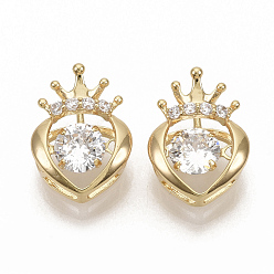 Real 18K Gold Plated Brass Micro Pave Clear Cubic Zirconia Charms, Nickel Free, Heart with Crown, Real 18K Gold Plated, 13.5x10x5.5mm, Hole: 2x4.5mm