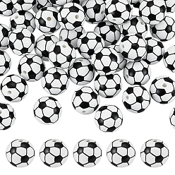 Football 40 шт. печатные круглые силиконовые фокусные бусины, белые, футбол, 14.5x14 мм, отверстие : 2 мм