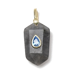 Labradorite Natural Labradorite Pendants, Faceted Hexagon Charms with Brass Micro Pave Cubic Zirconia Findings, Golden, 32.5x14.5x9mm, Hole: 4.5x6.5mm