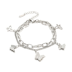 Stainless Steel Color Tarnish Resistant 304 Stainless Steel Curb & Paperclip Chains Double Layer Multi-strand Bracelets, with Butterfly Charms, Stainless Steel Color, 6-5/8 inch(16.9cm)