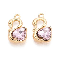 Розовый Подвески из сплава и страза, лебедь прелести, золотые, светло-розовый, 20x12x4.5 мм, отверстие : 1.8 мм