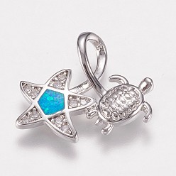 Темно-Голубой Латунные подвески, с синтетическим опалом, черепаха со звездой, платина, глубокое синее небо, 16.5x19x6 мм, отверстие : 3x5 мм