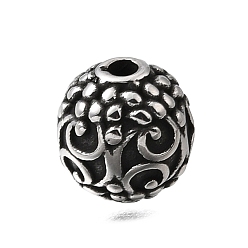 Античное Серебро Гравированные 304 бусины из нержавеющей стали, круглая форма с узором древа жизни, античное серебро, 10.5x10 мм, отверстие : 1.8 мм