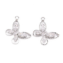 Платина Латунные микропаве прозрачные подвески с фианитом, без кадмия, без никеля и без свинца, бабочка, платина, 26x23x3.5 мм, отверстие : 2 мм
