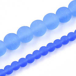 Royal Blue Transparent Glass Beads Strands, Frosted, Round, Royal Blue, 8~8.5mm, Hole: 1.5mm, about 51~53pcs/strand, 14.96 inch~15.55 inch(38~39.7cm)