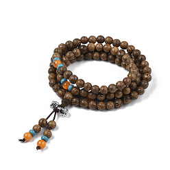 Tan Dual-use Items, Wrap Style Buddhist Jewelry Wenge Wood Round Beaded Bracelets or Necklaces, Tan, 840mm, 108pcs/bracelet