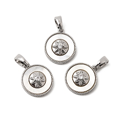 Платина Подвески из натуральной ракушки и прозрачного кубического циркония, Плоский круглый латунный профиль с узором в виде звезд., платина, 14x12.5x5 мм, отверстие : 5x3.5 мм