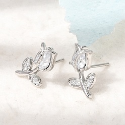 Platine Micro cuivres ouvrent zircone cubique boucles d'oreille, fleur, sans plomb et sans cadmium, crémaillère plaquage, plaqué longue durée, platine, 15x9mm