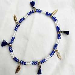 Темно-Синий Браслеты на ногу в стиле бохо с подвеской в виде пера, кисточкой из пластика, украшенные бисером, античное золото , темно-синий, 9-1/2 дюйм (240 мм)