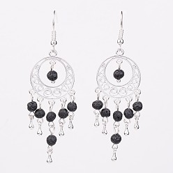Lava Rock Natural Lava Rock Chandelier Earrings, with Alloy Findings and Brass Earring Hooks, Silver Color Plated, 67mm, Pin: 0.7mm