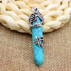 Synthetic Turquoise Synthetic Turquoise Pendant Necklaces, Bullet with Rose Flower, 20.08~31.50 inch(51~80cm)