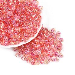 Rose Chaud Perles de rocaille en verre de couleurs transparentes, rondelle, cuisson des peintures, rose chaud, 6x3mm, Trou: 1.2~1.6mm, environ 2500 pcs / livre