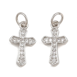 Platinum Brass Micro Pave Clear Cubic Zirconia Pendants, Cross Charms, Cadmium Free & Lead Free, Platinum, 16x9x2mm, Hole: 3mm