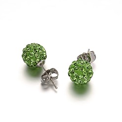 Перидот Полимерная глина горный хрусталь мяч серьги, с выводами серьги из нержавеющей стали, цвет нержавеющей стали, перидот, 10 мм , штифт: 0.8 мм