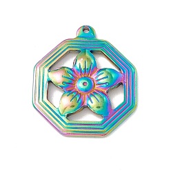 Rainbow Color Ion Plating(IP) 304 Stainless Steel Pendants, Hexagon with Flower, Rainbow Color, 29x25x3.5mm, Hole: 1mm